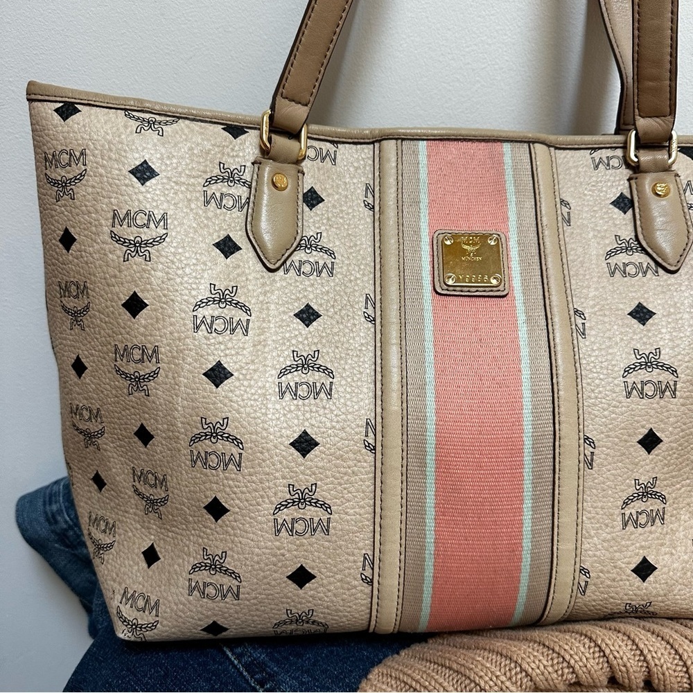 MCM Visetos Authentic Striped Tote Shoulder Bag | Beige Tan Pink| MED LG /DAMAGE - Picture 3 of 17